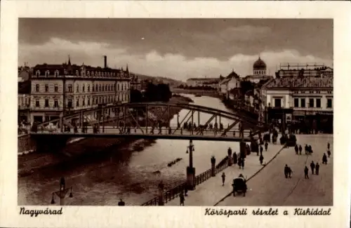 Ak Oradea Großwardein Nagyvárad Rumänien, Brücke, Fluss, Gebäude, Menschen, sepia Farbton