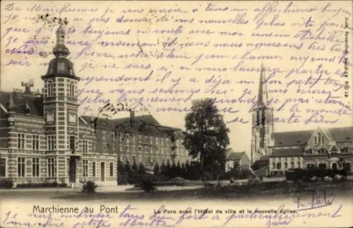 Ak Marchienne au Pont Charleroi Wallonien Hennegau, Vorderansicht mit Hotel de Ville, Kirche, Bäu