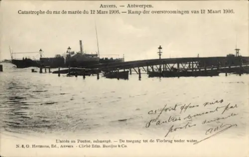 Ak Antwerpen Flandern, Katastrophe vom 12. März 1906, überfluteter Ponton, Schiffe im Wasser