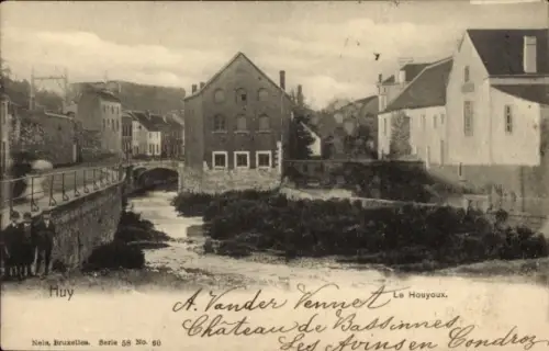 Ak Huy Wallonien Lüttich, Flusslandschaft, Gebäude, Brücke, Personen, Chateau de Bassinnes