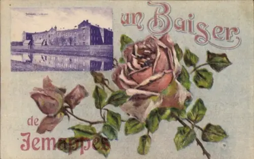 Ak Jemappes Wallonien Hennegau, Bild einer Rose, Schriftzug 'un Baiser',  Gebäude im Hintergrund
