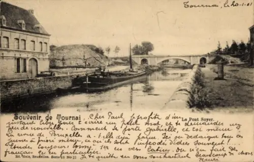 Ak Tournai Wallonien Hennegau, Fluss mit Booten, Brücke,  aus  Text auf Französisch