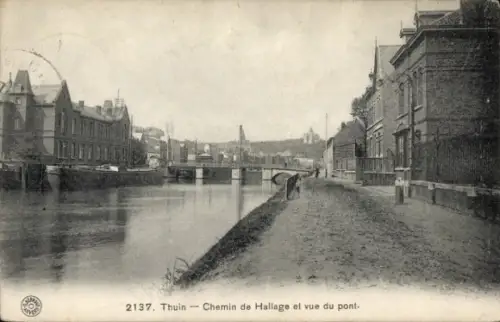 Ak Thuin Wallonien Hennegau, Fluss, Brücke, Gebäude, Chemin de Hallage, 