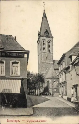 Ak Lessines Wallonien Hennegau, Eglise St-Pierre, ZAR PARISIEN, Straße, Bäume,  