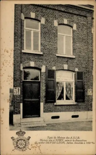 Ak Nimy Hennegau Wallonien, Haus der A.S.I.B., Soldat Devos Léon, Julien, Invalide 100%