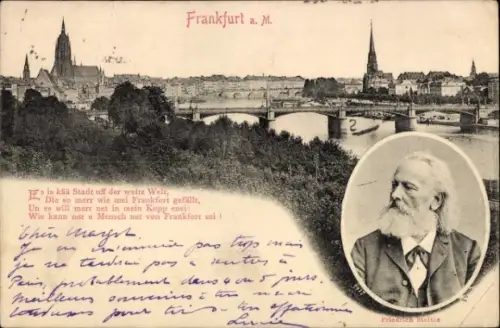 Ak Frankfurt am Main, Gesamtansicht, Dichter Friedrich Stoltze, Gedicht