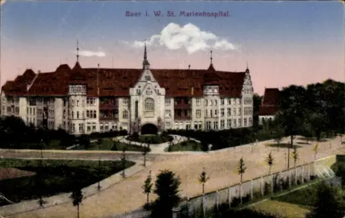 Ak Buer in Westfalen Gelsenkirchen Ruhrgebiet, St. Marienhospital, Gebäude, Bäume, Weg