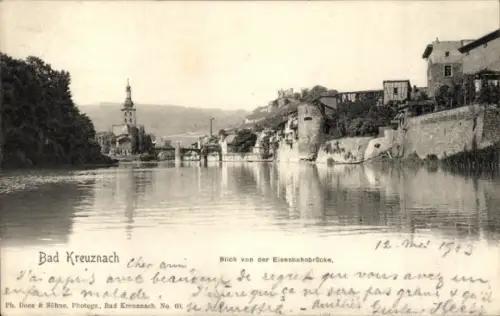 Ak Bad Kreuznach an der Nahe,  Blick von der Eisenbahnbrücke, Flusslandschaft, 1943