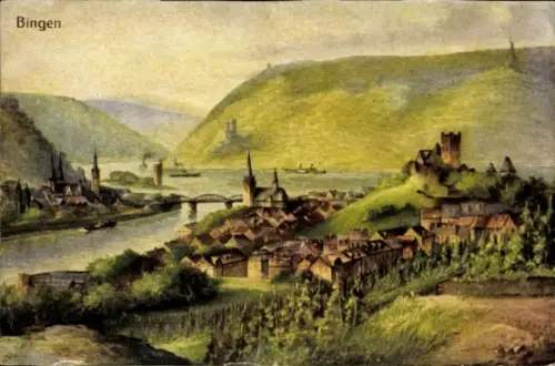Ak Bingen am Rhein, Landschaft mit Fluss, Weinbergen, Burgen,  Bingerbrücke, Elisenhöhe