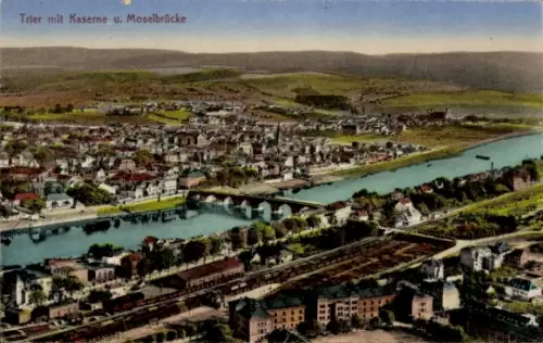 Ak Trier an der Mosel, Luftaufnahme von  Moselbrücke, Kaserne, Flusslandschaft