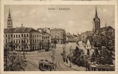 Ak Aachen, Aachen - Kaiserplatz, Straßenansicht, Tram, Bäume, Gebäude