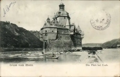 Ak Caub Kaub am Rhein, Burg, Rhein, Boot, Wasser, Landschaft