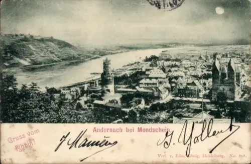 Ak Andernach am Rhein, Gruss vom Rhein, Andernach bei Mondschein, Flusslandschaft, Stadtansicht