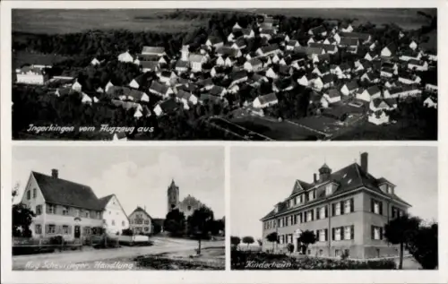 Ak Ingerkingen, Luftaufnahme, Geschäft Aug. Scheuringer, Kirche, Kinderheim