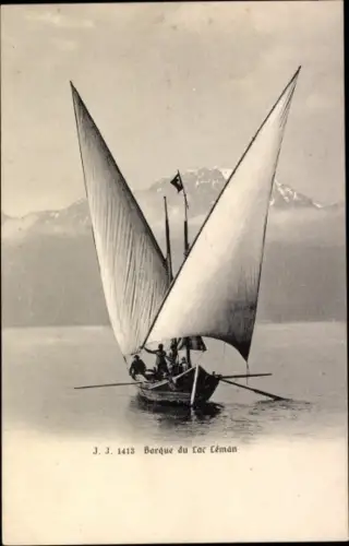 Ak Lac Leman, Genfersee, kleine Segelbarke mit Bergkette Dents-du-Midi im Hintergrund