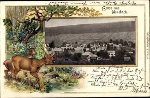 Passepartout Ak Manebach Ilmenau in Thüringen, Gesamtansicht, Rehe