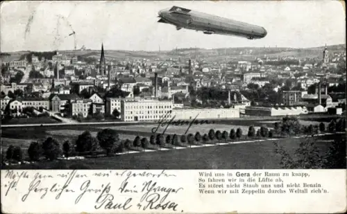 Ak Gera in Thüringen, Gesamtansicht, Zeppelin