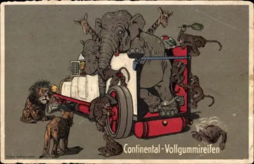 Ak Continental Vollgummireifen, Automobil, Elefant, Löwen, Giraffen, Affen