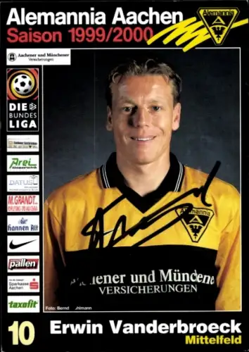 Autogrammkarte Fußballer Erwin Vanderbroeck, Alemannia Aachen, Autogramm