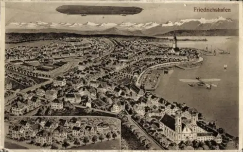 Ak Friedrichshafen am Bodensee, Zeppelin im Flug über die Stadt