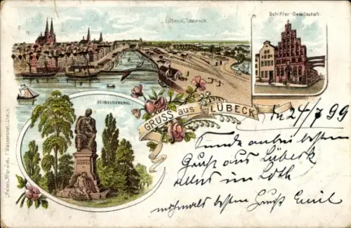 Litho Hansestadt Lübeck, Gesamtansicht, Geibel-Denkmal, Schiffer-Gesellschaft