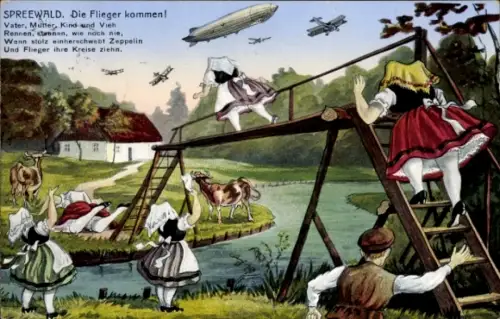 Ak Spreewald, Flieger kommen, Zeppelin, FLugzeuge
