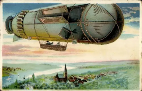 Ak Zeppelin über einer Ortschaft, Kirche