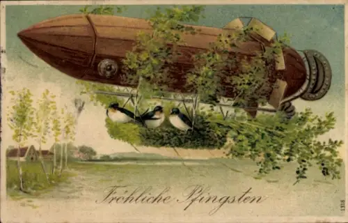Ak Glückwunsch Pfingsten, Zeppelin, Schwalben, Birken