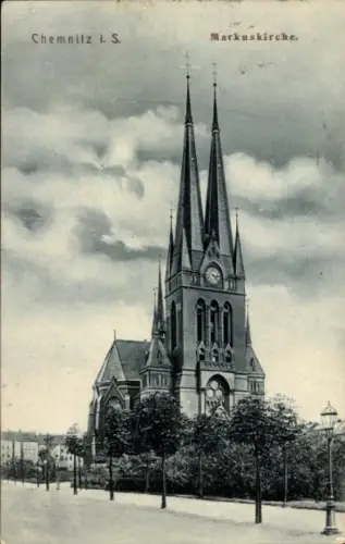 Ak Chemnitz in Sachsen, Markuskirche, hohe Türme, parkähnliche Umgebung,  Architektur