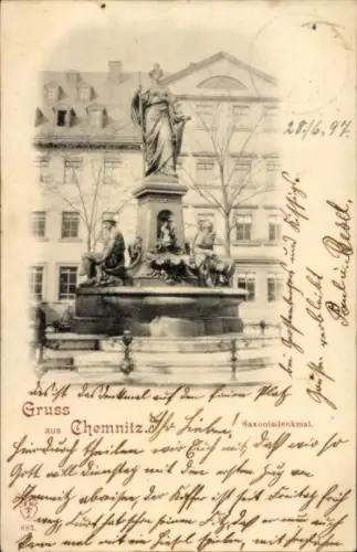Ak Chemnitz in Sachsen, Saxoniadenkmal, Statue, Parklandschaft,  Architektur