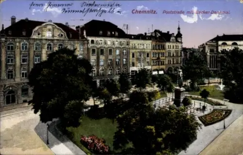 Ak Chemnitz in Sachsen, Poststraße, Becker-Denkmal, grüner Park,  Gebäude
