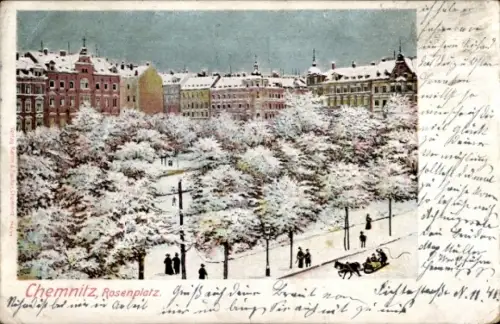 Ak Chemnitz in Sachsen, Winterlandschaft, Schneebedeckte Bäume, Menschen auf der Straße, Pferdesc