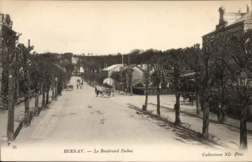 Ak Bernay Eure, Boulevard Dubus, Straße mit Bäumen, Häusern, Pferd, Kutsche