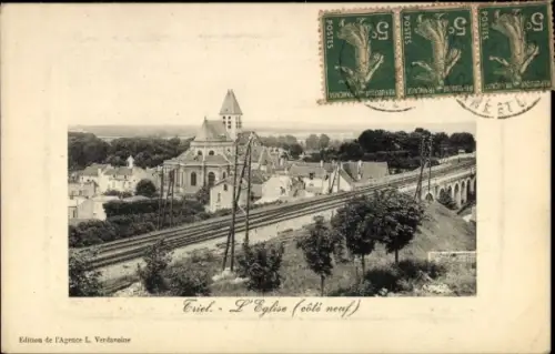 Ak Criel sur Mer Seine Maritime, Blick auf  Kirche, Bahngleise, Poststempel, drei Briefmarken