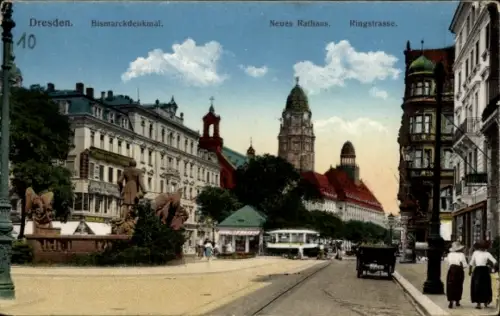 Ak Dresden Altstadt, Neues Rathaus, Ringstraße, Bismarckdenkmal,  Architektur