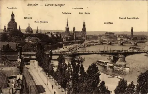 Ak Dresden Altstadt, Dresden Terrassenufer, Frauenkirche, Belvedere, Kunstakademie, Opernhaus