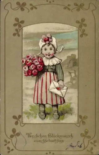 Ak Geburtstagsglückwunsch, Mädchen mit Blumenstrauss, Tracht