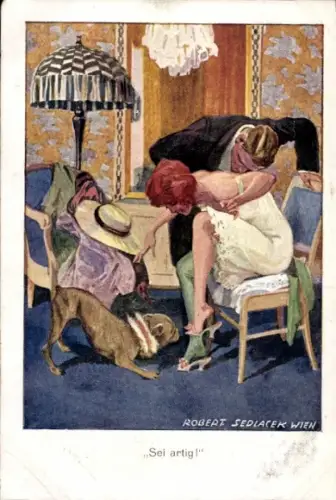 Künstler Ak Sedlacek, Robert, Sei artig, rothaarige Frau im Unterkleid, Mann, Hund