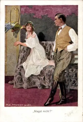 Künstler Ak Sedlacek, Rob., Magst nicht, Liebespaar, Papagei