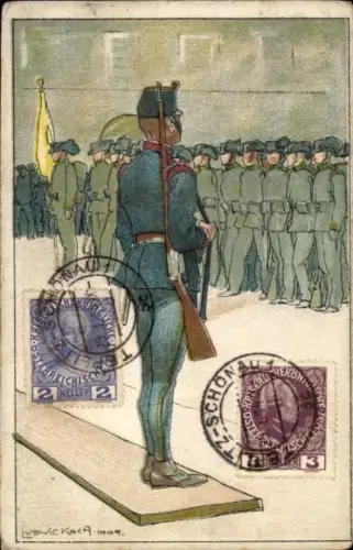 Künstler Ak Koch, Ludwig, Kuk Soldaten beim Appell, 1909