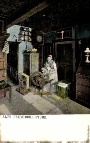 Ak Alte friesische Stube, Dame in Tracht, Spinnrad