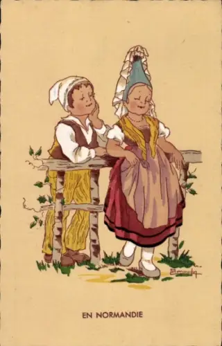 Künstler Ak Normandie, Kinder in Volkstrachten