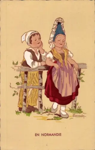 Künstler Ak Normandie, Kinder in Volkstrachten