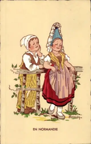 Künstler Ak Normandie, Kinder in Volkstrachten