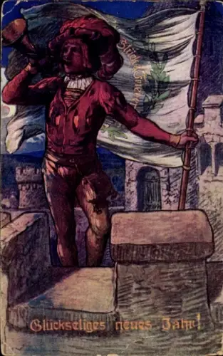 Ak Glückwunsch Neujahr, Trompeter, Fahne, Turm