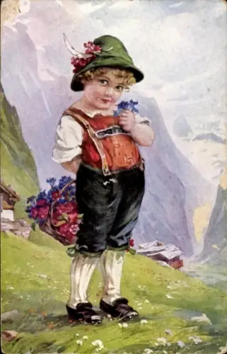 Ak Junge in Volkstracht, Blumenkorb, Hansl