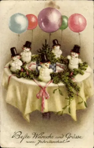 Ak Glückwunsch Neujahr, Schneemänner, Tannenzweige, Ballons