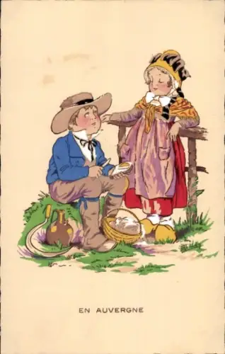 Künstler Ak Auvergne, Kinder in Trachten, Sichel, Korb