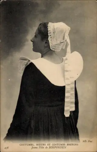 Ak Jeune Fille de Rosporden, costume, Mädchen in Tracht, Spitzenhaube