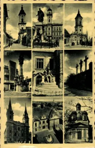 Ak Komárom Komorn Ungarn, Verschiedene Statuen, Kirchen,  Gebäude, Kreuze